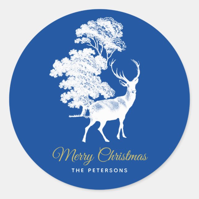 Classic Blue French Toile Deer in Forest Classic Round Sticker (Front)