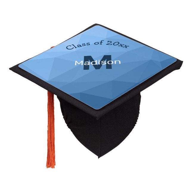 Classic Blue geometric mesh ombre pattern Monogram Graduation Cap Topper (Angled)
