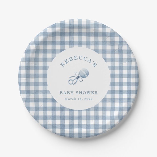 Classic Blue Gingham Boy Baby Shower Paper Plate (Front)