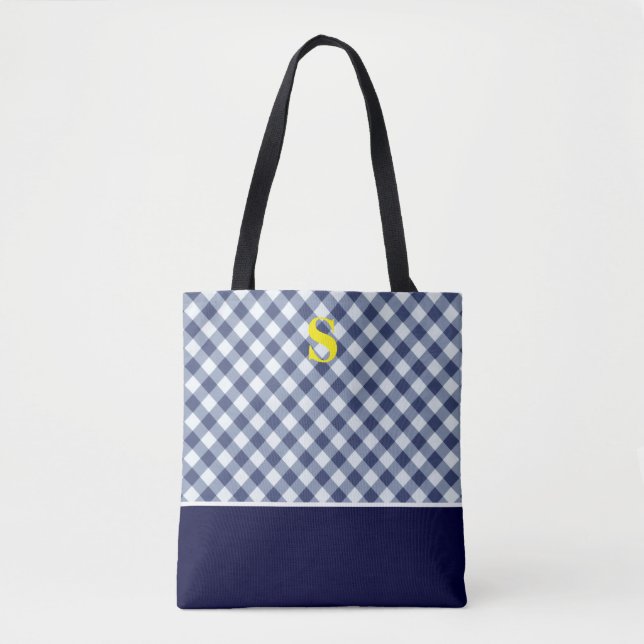 Classic Blue Gingham Monogram Tote Bag (Front)