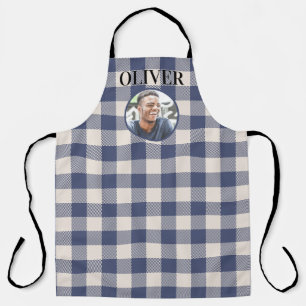 Classic Blue Gingham Plaid Custom Name & Photo Apron