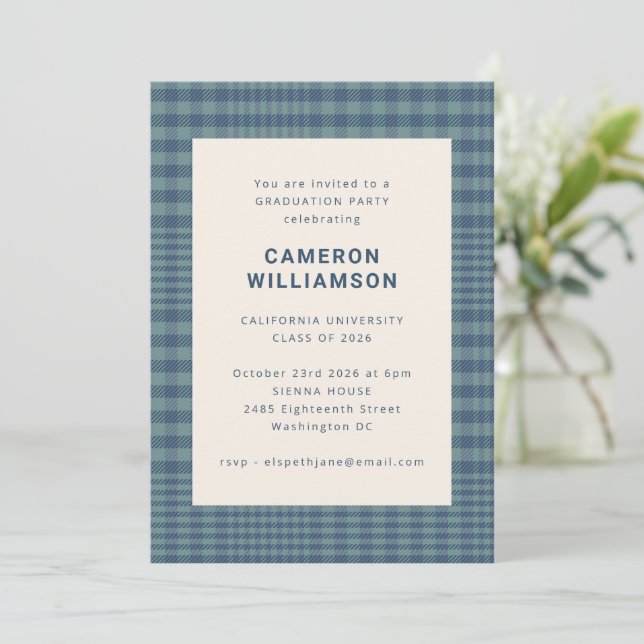 Classic Blue Glen Plaid Simple Stylish Graduation Invitation (Standing Front)