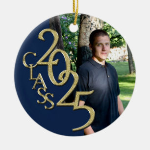 Classic Blue Gold 2025 Graduate Photo Ceramic Ornament