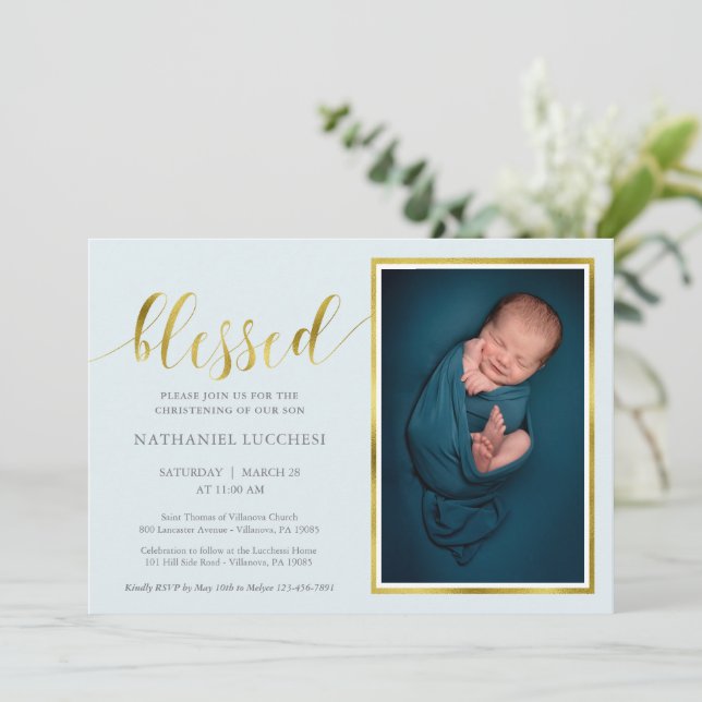 Classic Blue Gold Blessed Boy Photo Christening Invitation (Standing Front)