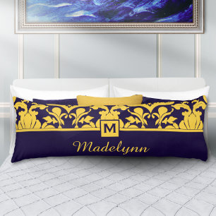 Classic Blue Gold Damask Monogram Body Pillow