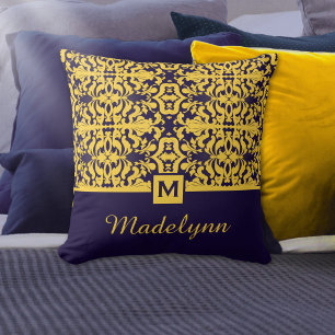 Classic Blue Gold Damask Monogram Throw Pillow