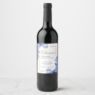 Classic Blue Gold Floral Chinoiserie Wedding Wine Wine Label