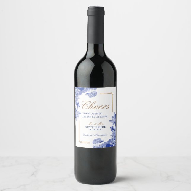 Classic Blue Gold Floral Chinoiserie Wedding Wine  Wine Label (Front)