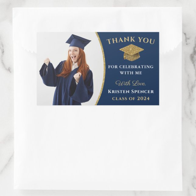 Classic Blue Gold Photo Graduation Thank You Sticker (Bag)