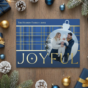Classic Blue Gold Plaid Joyful Bulb Photo Foil Holiday Postcard
