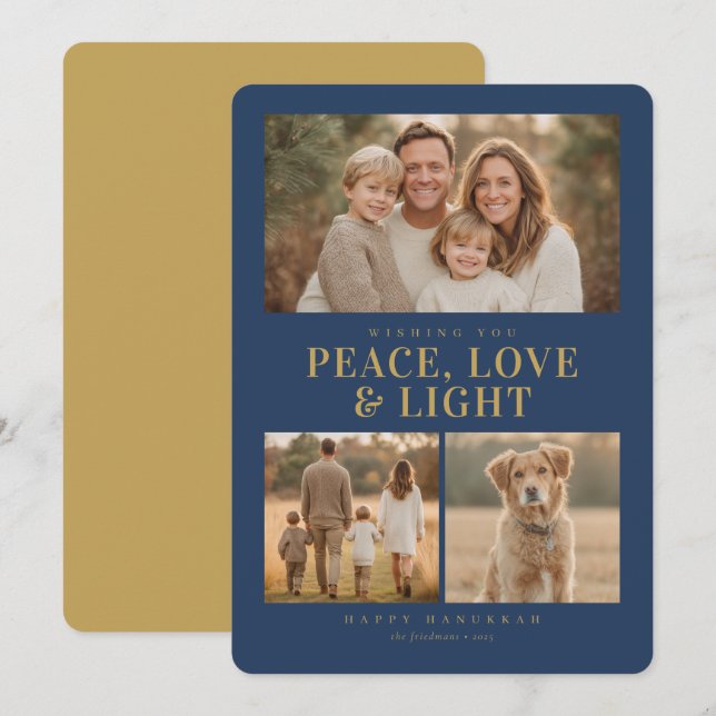 Classic Blue Hanukkah Peace & Light Photo Collage Holiday Card (Front/Back)