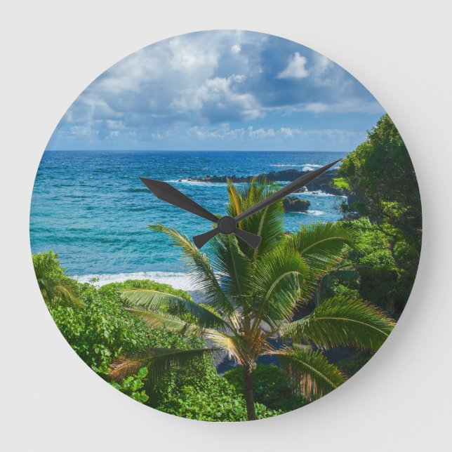Classic Blue Hawaii Tropical Island Sea Palms Large Clock (Front)