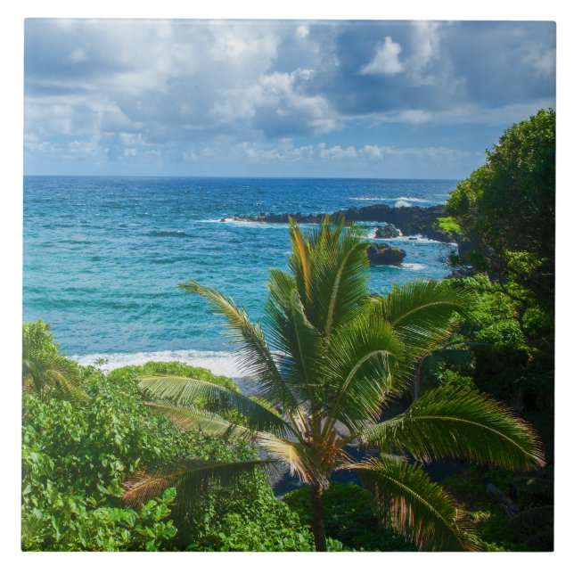 Classic Blue Hawaii Tropical Island Sea Palms Tile (Front)