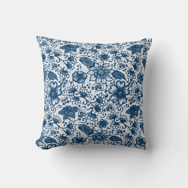 Classic Blue Hues | Bohemian Flowers Throw Pillow (Front)