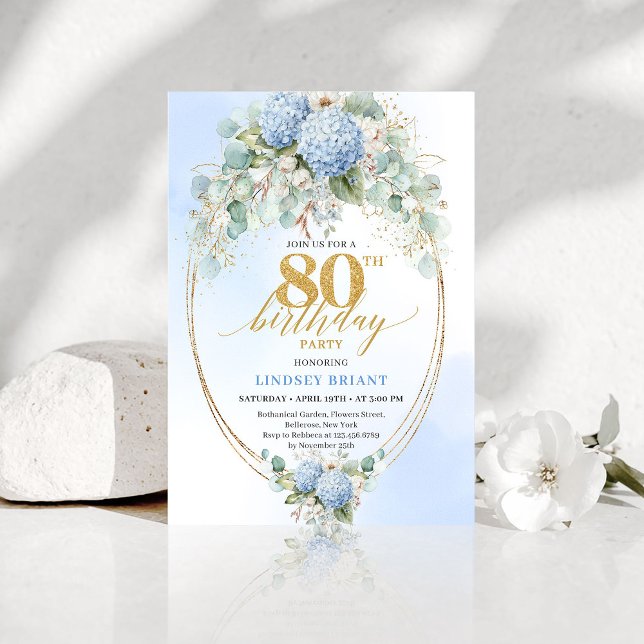 Classic Blue Hydrangea Gold 80 Birthday Celebrate Invitation (Classic Blue Hydrangea Gold 80 Birthday Celebrate Invitation )