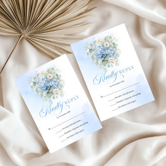 Classic Blue Hydrangea Gold Wedding Enclosure RSVP Card