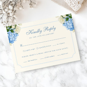Classic Blue Hydrangea + White Rose Wedding RSVP Card