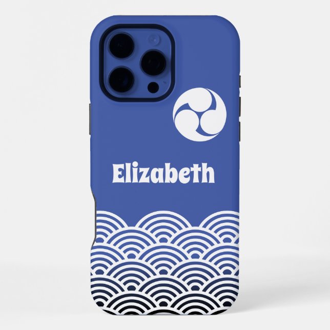 Classic Blue Japanese Wave Pattern with Your Name iPhone Case (Back)