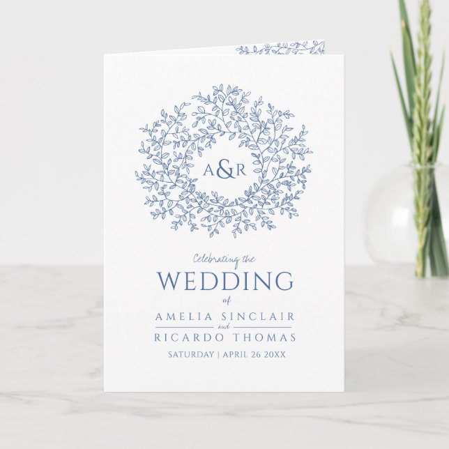 Classic blue leaf monogram art wedding program (Front)