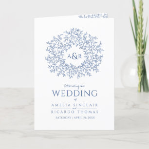 Classic blue leaf monogram art wedding program