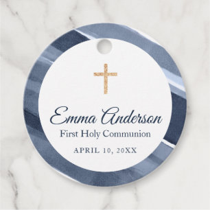 Classic blue modern 1st Communion, Baptism Favour Tags