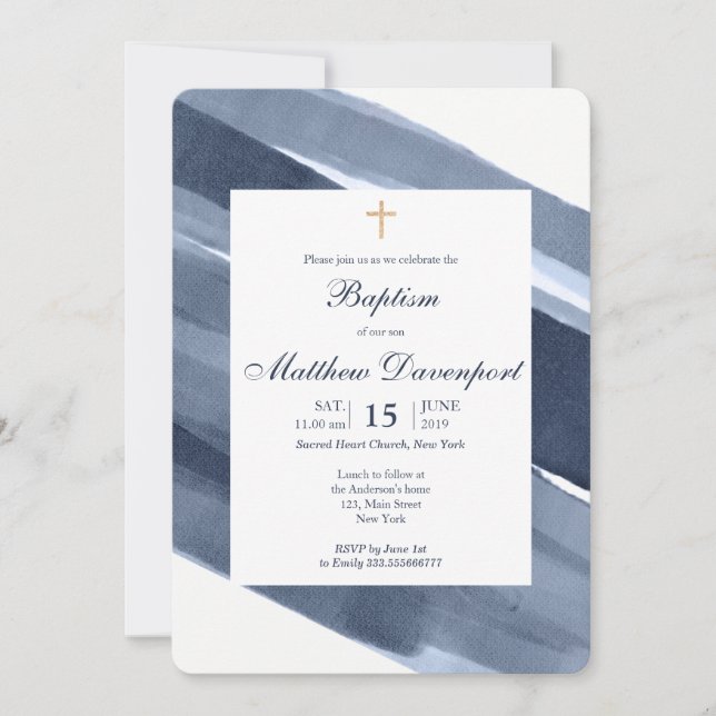 Classic Blue modern Baptism invitation (Front)