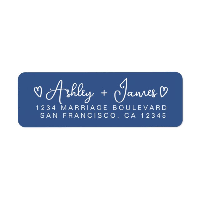 Classic Blue Modern Script Hearts Return Address (Front)