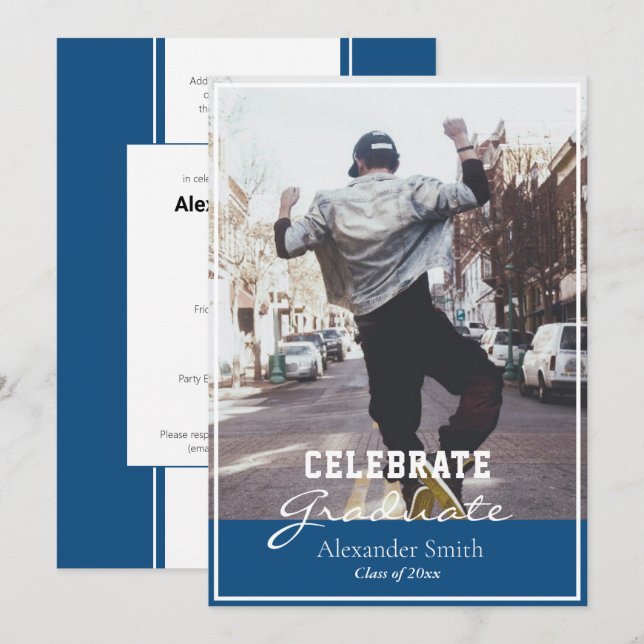 Classic Blue Modern Trendy Graduation Invitation (Front/Back)