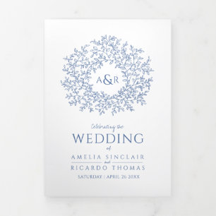 Classic blue monogram art story dedication wedding Tri-Fold programme