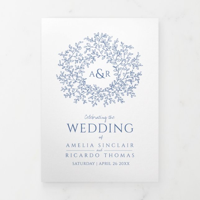 Classic blue monogram art story dedication wedding Tri-Fold programme (Cover)