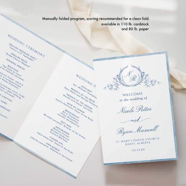 Classic, Blue Monogram Folded Ceremony Program (Creator Uploaded)