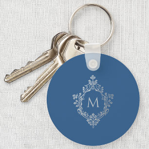 Classic Blue Monogram Initial Vintage Ornate Crest Keychain