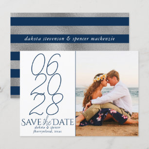 Classic Blue Navy and White Casual Script Photo Save The Date