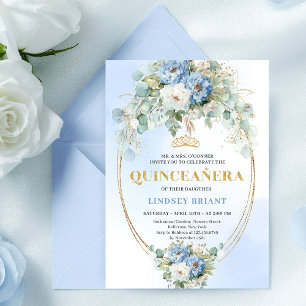 Classic Blue Peonies Greenery 15th Birthday Invite