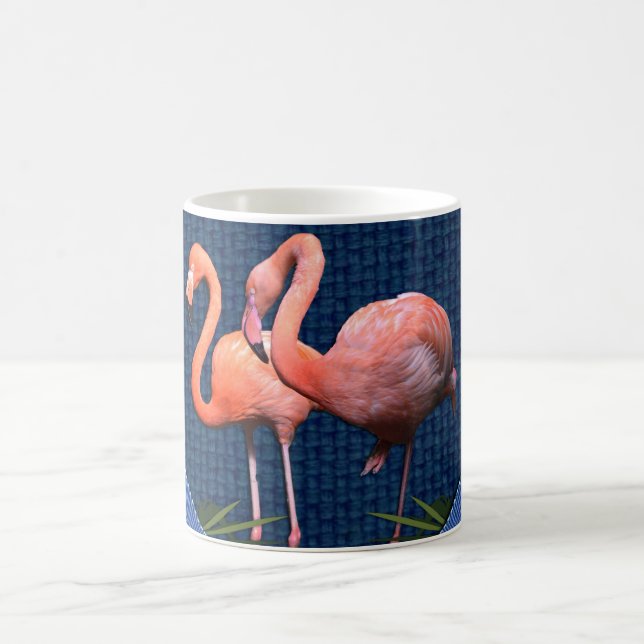 Classic Blue Pink Flamingos Green Leaves  Coffee Mug (Center)