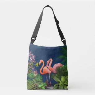 Classic Blue Pink Flamingos Green Leaves Crossbody Bag