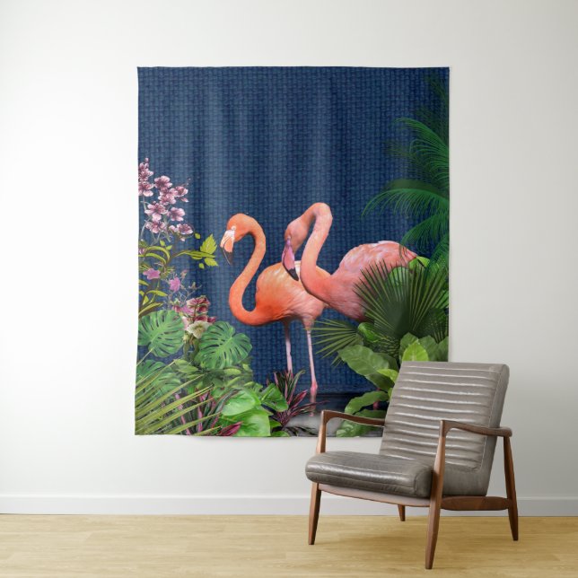 Classic Blue Pink Flamingos Green Leaves Tapestry (In Situ)
