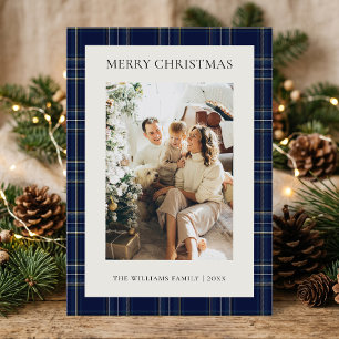 Classic Blue Plaid Family Photo Christmas Holiday Card