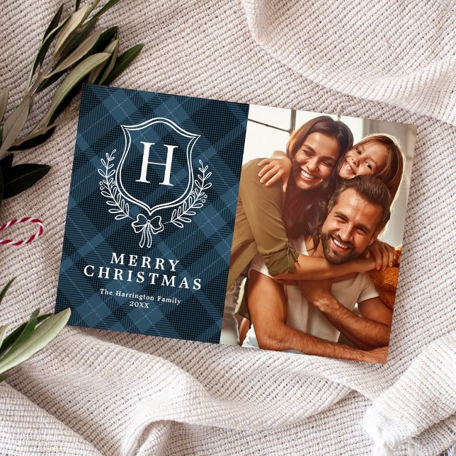 Classic Blue Plaid Monogram Photo Christmas Holiday Card (Creator Uploaded)