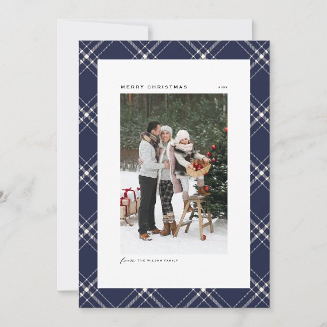 Classic Blue Plaid Pattern Merry Christmas Photo (Front)
