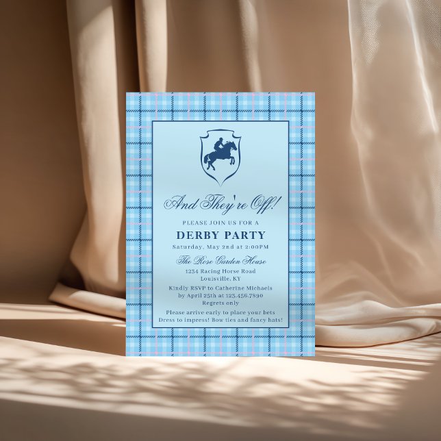 Classic Blue Plaid Race Horse Crest Derby Party Invitation (Creator Uploaded)