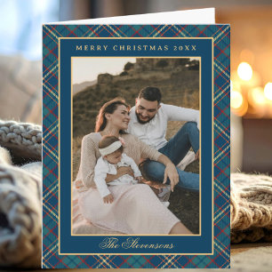 Classic Blue Plaid Vintage Photo Christmas Folded Holiday Card