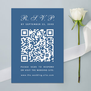 Classic Blue QR Code Simple Calligraphy Wedding RSVP Card