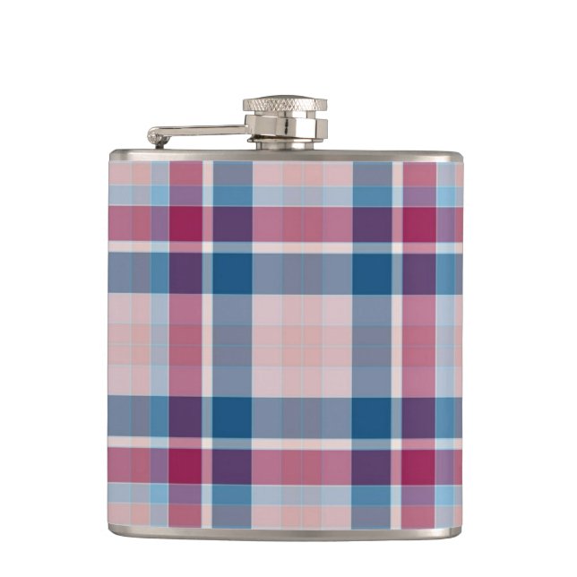 Classic Blue Red Plaid Pattern Hip Flask (Front)