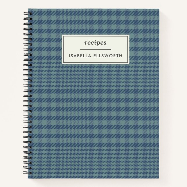 Classic Blue Retro Glen Plaid Personalized Recipe Notebook (Front)