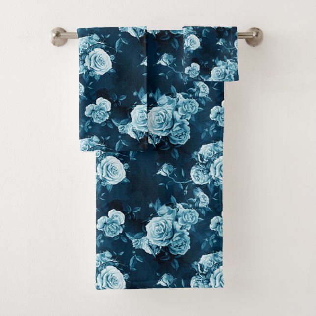 Classic Blue Rose Pattern Bath Towel Set (Insitu)
