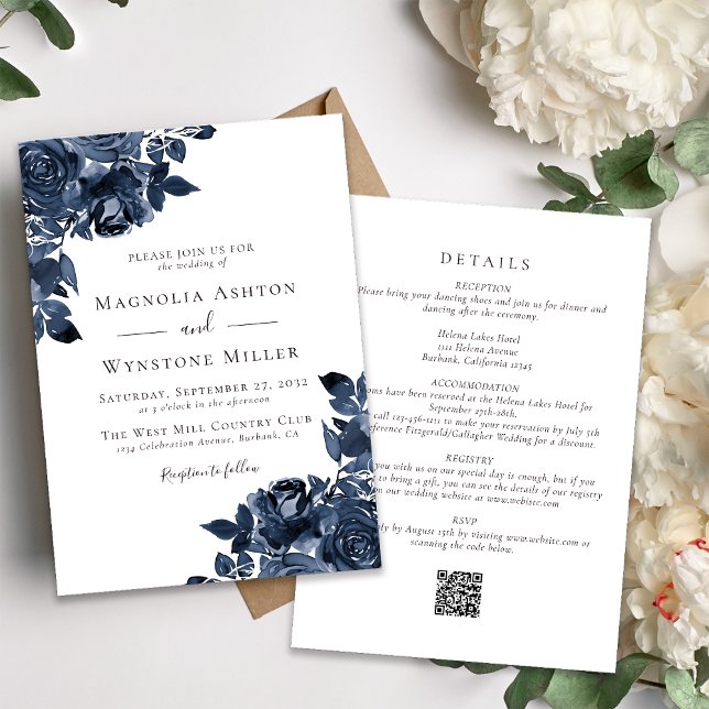 Classic Blue Roses All in One Wedding Invitation (Creator Uploaded)