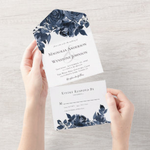 Classic Blue Roses Wedding All In One Invitation