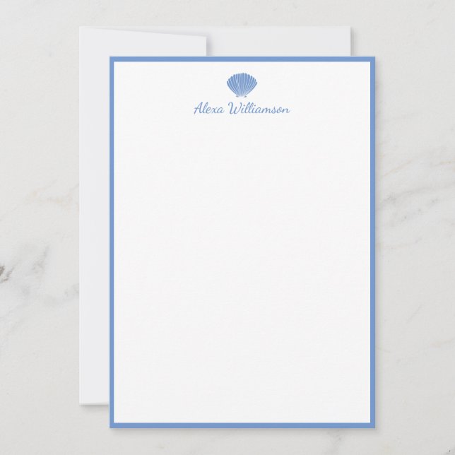 Classic Blue Seashell Personalized Stationery Card (Front)