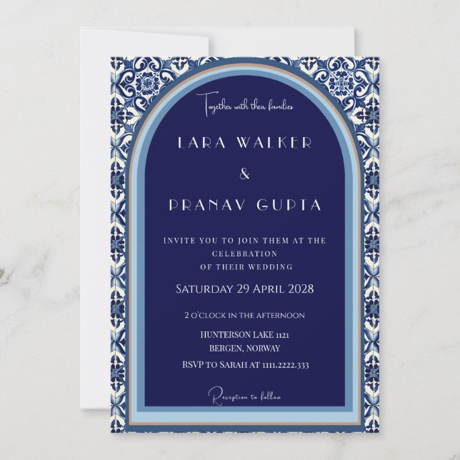 Classic Blue Spanish Tile Wedding  Invitation (Front)